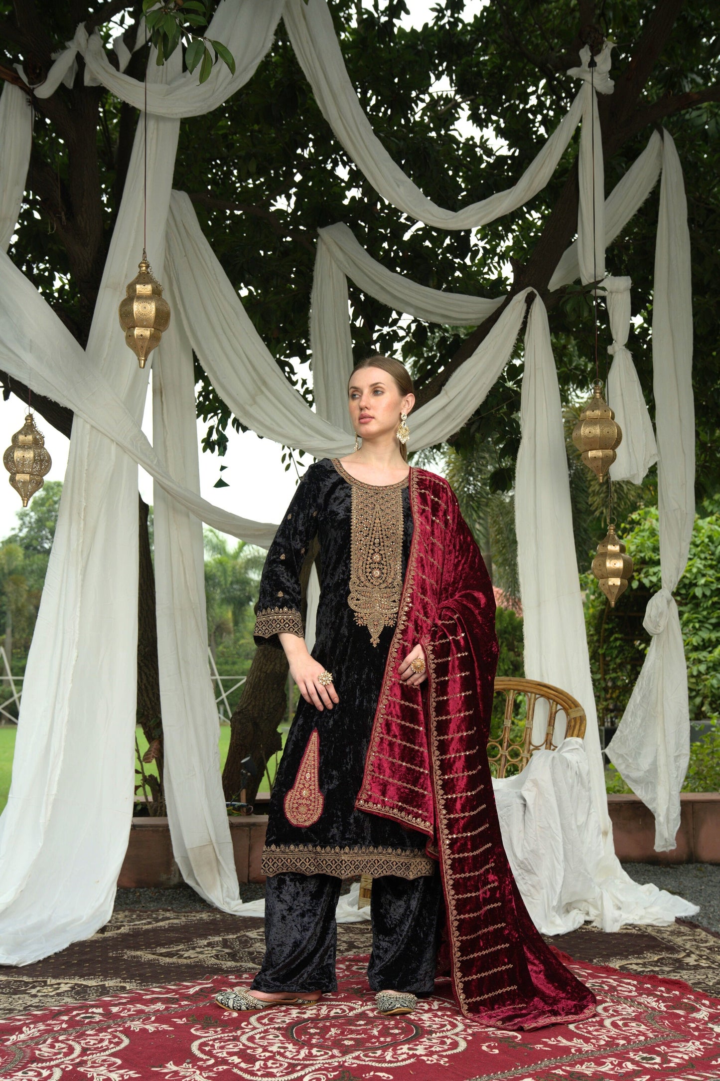 Black Red Designer Velvet Pakistani Suit Set