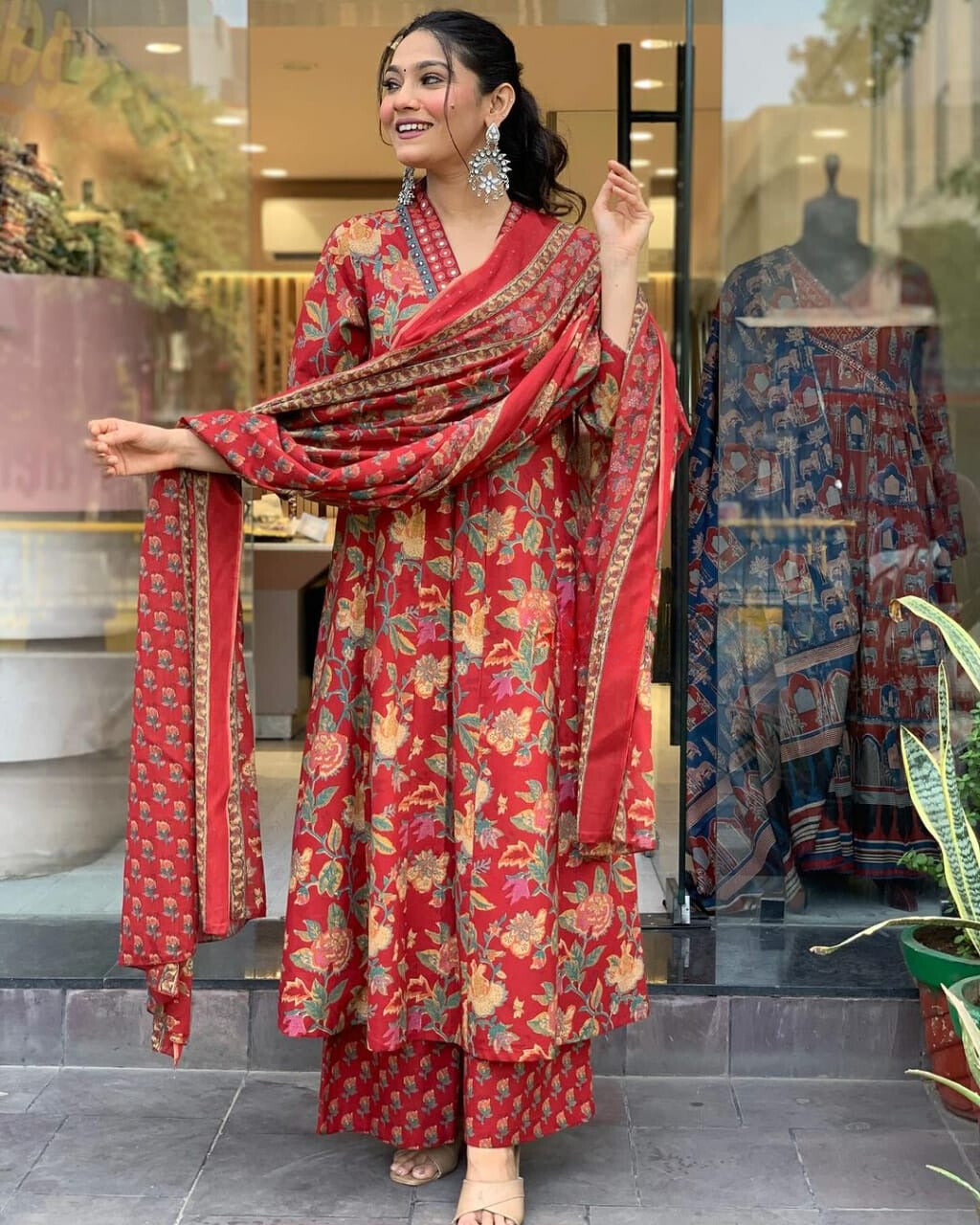 Reddish Floral Printed Cotton Suit Set with Mulmul Dupatta