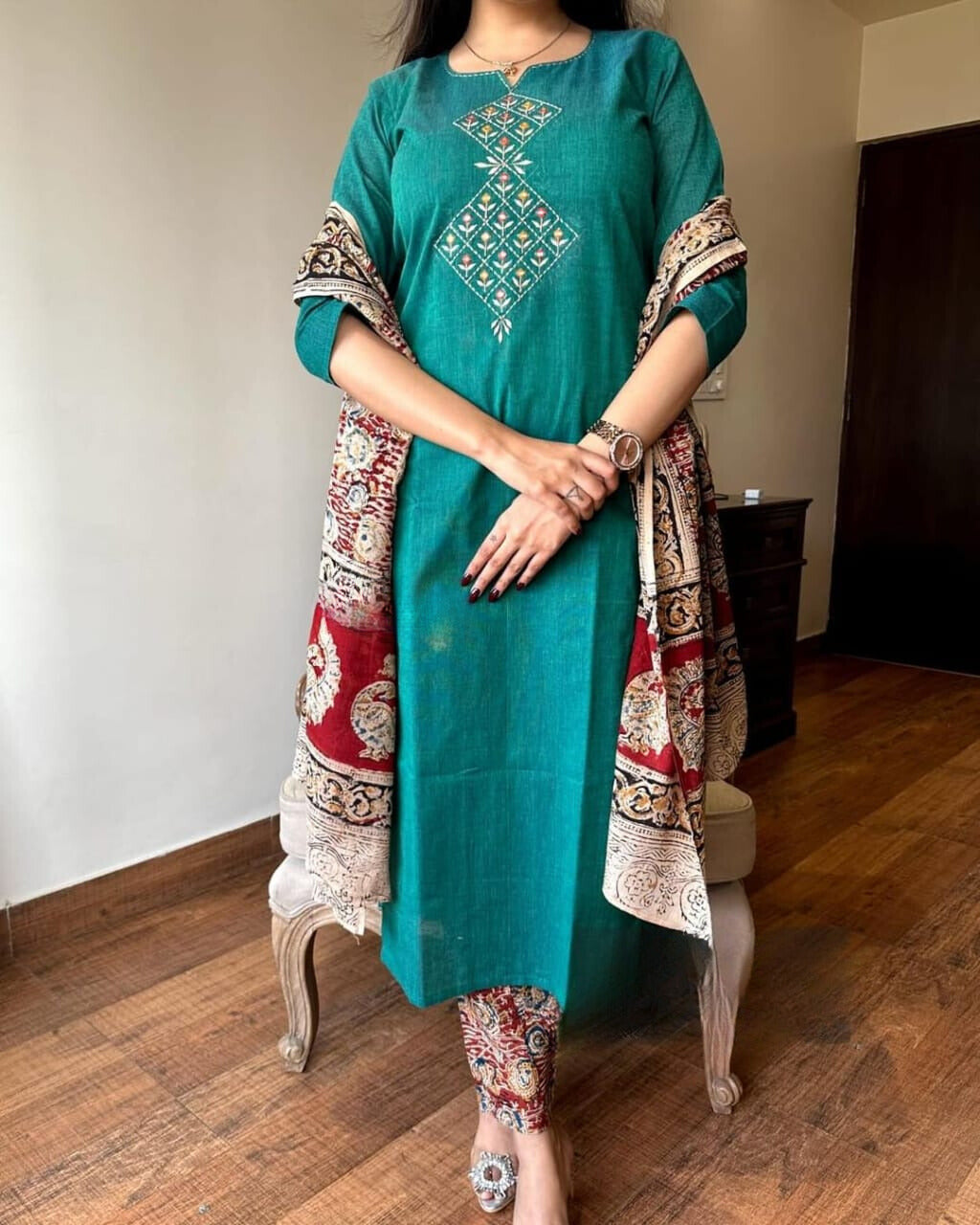 Persian Green Embroidered Handloom Cotton Suit Set with Dupatta