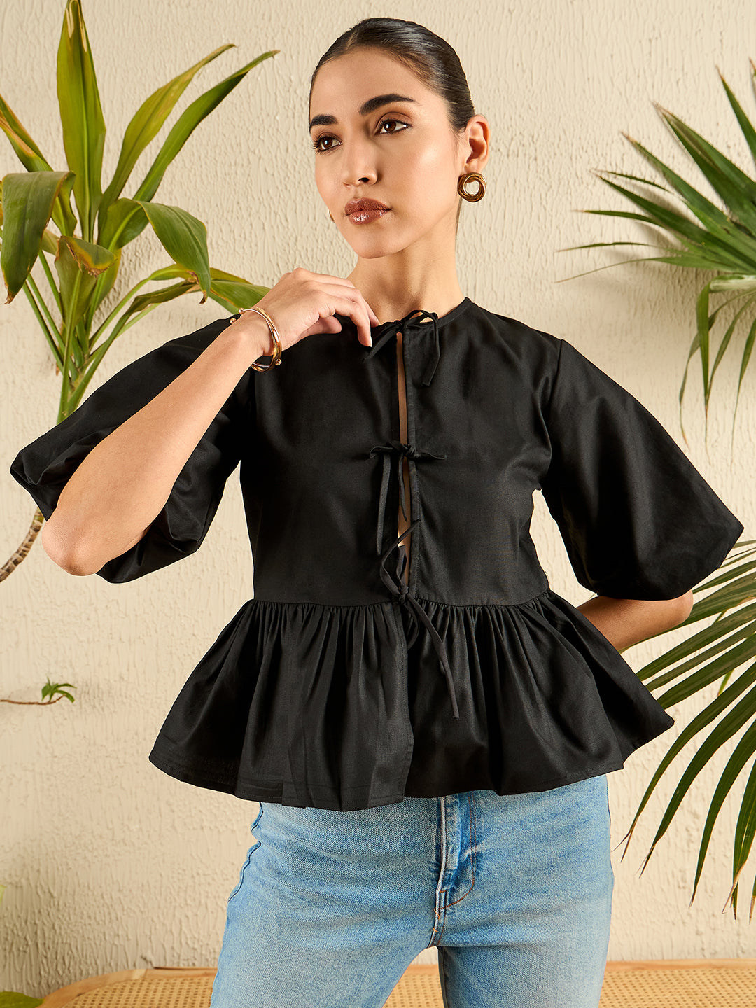 Cotton Tie-Up Peplum Top