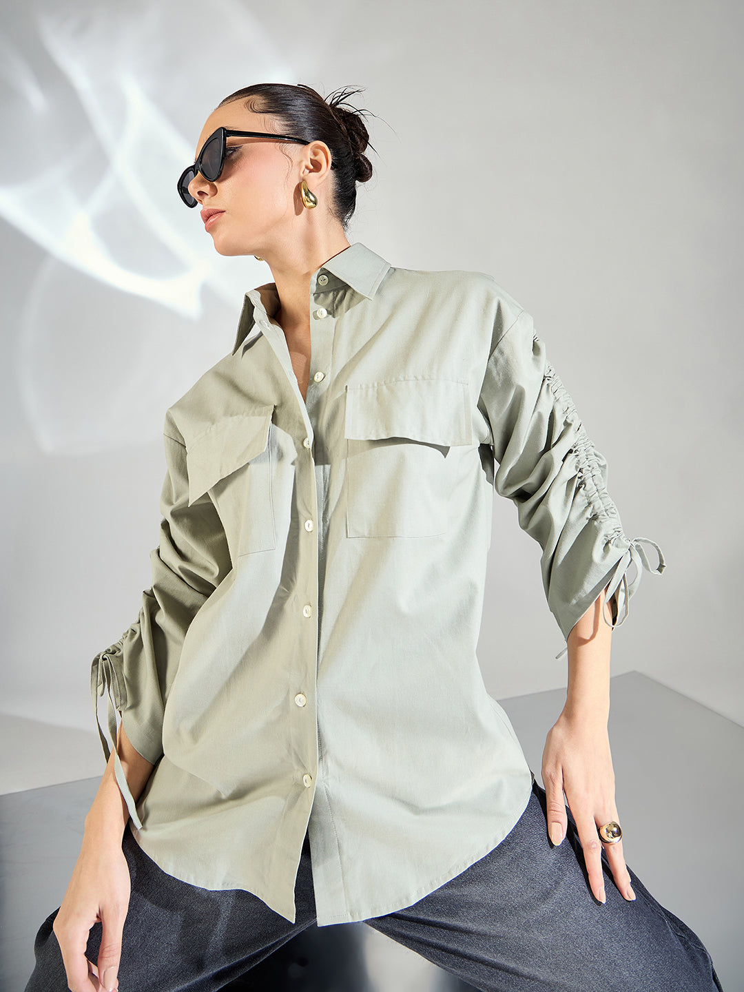 Ruched Tie-up Sleeves Cotton Shirt