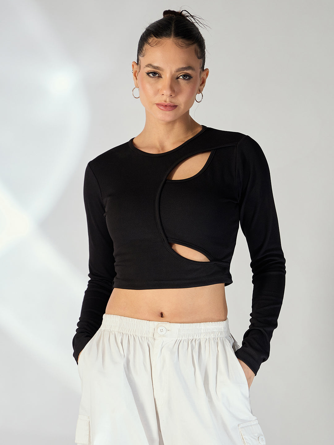 Stretchable Ribbed Top with Front Cut Outs