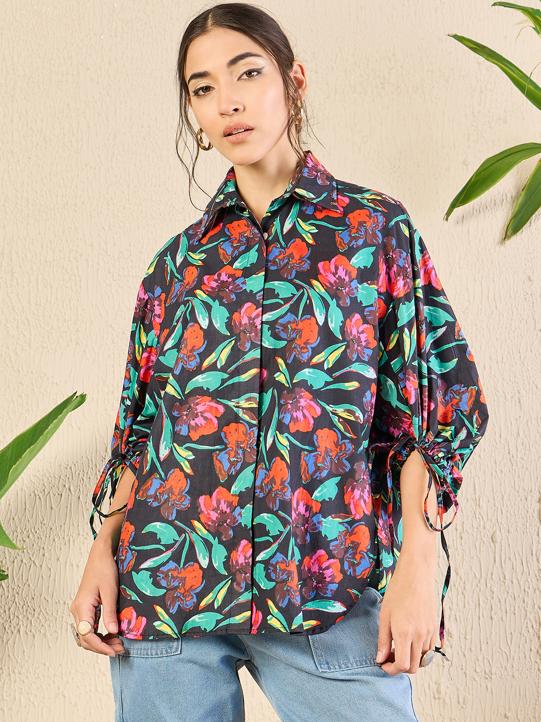 Printed Cotton Shirt with Tie Up Sleeves