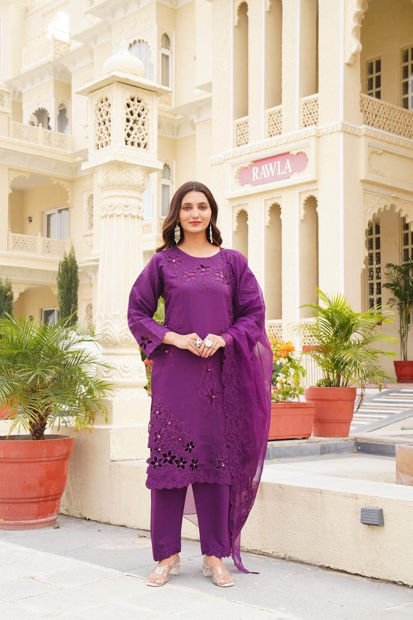 Purple Khatli Cut Work Ragga Roman Silk Suit Set with Organza Dupatta