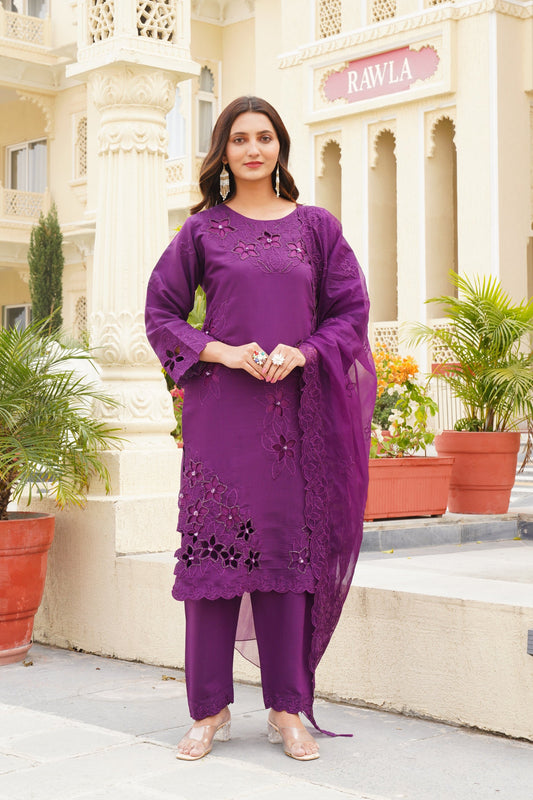 Purple Khatli Cut Work Ragga Roman Silk Suit Set with Organza Dupatta