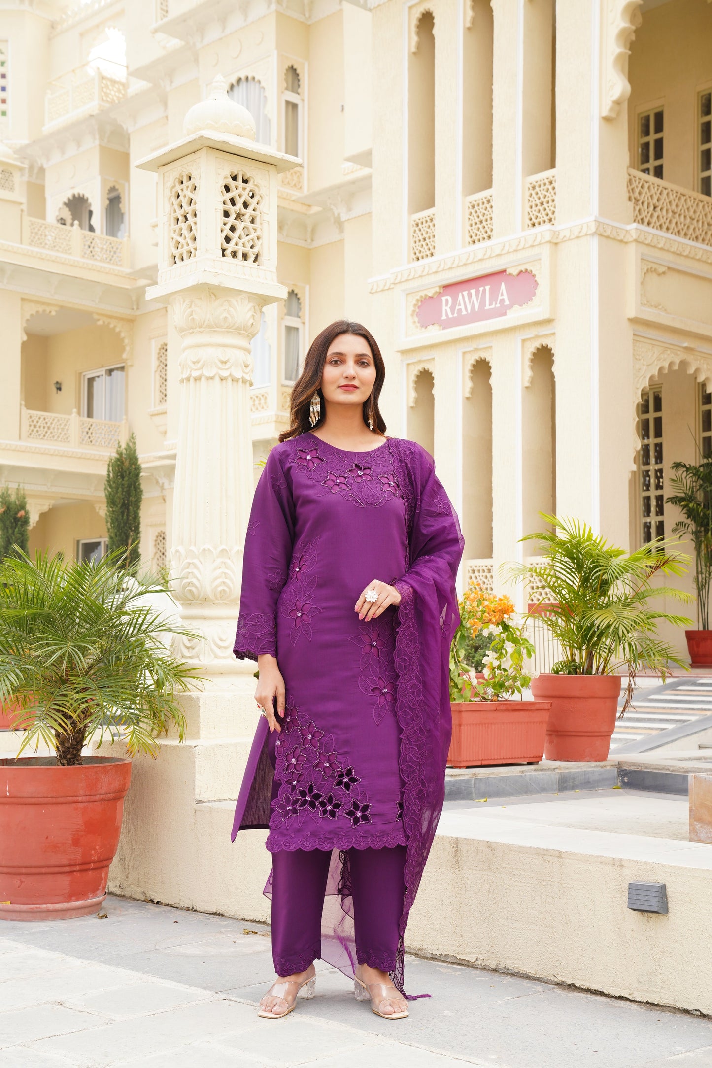 Purple Khatli Cut Work Ragga Roman Silk Suit Set with Organza Dupatta