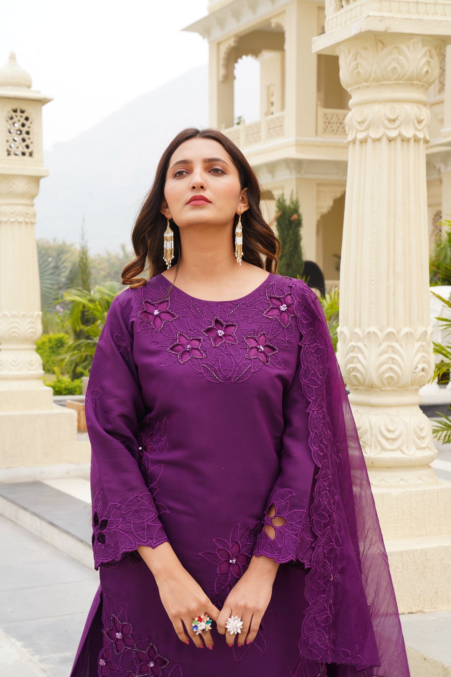 Purple Khatli Cut Work Ragga Roman Silk Suit Set with Organza Dupatta