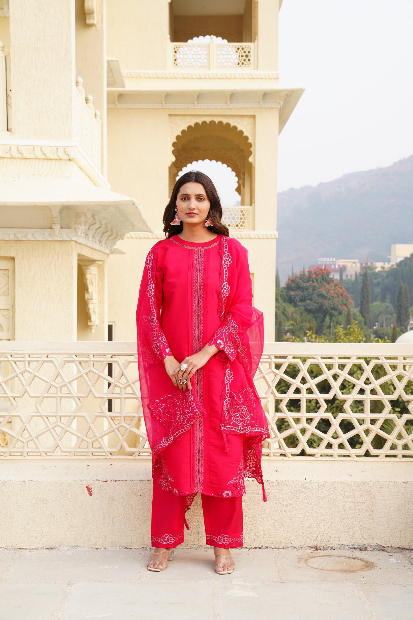 Deep Rose Ragga Roman Silk Slub Khatli Cut work Suit Set with Organza Dupatta