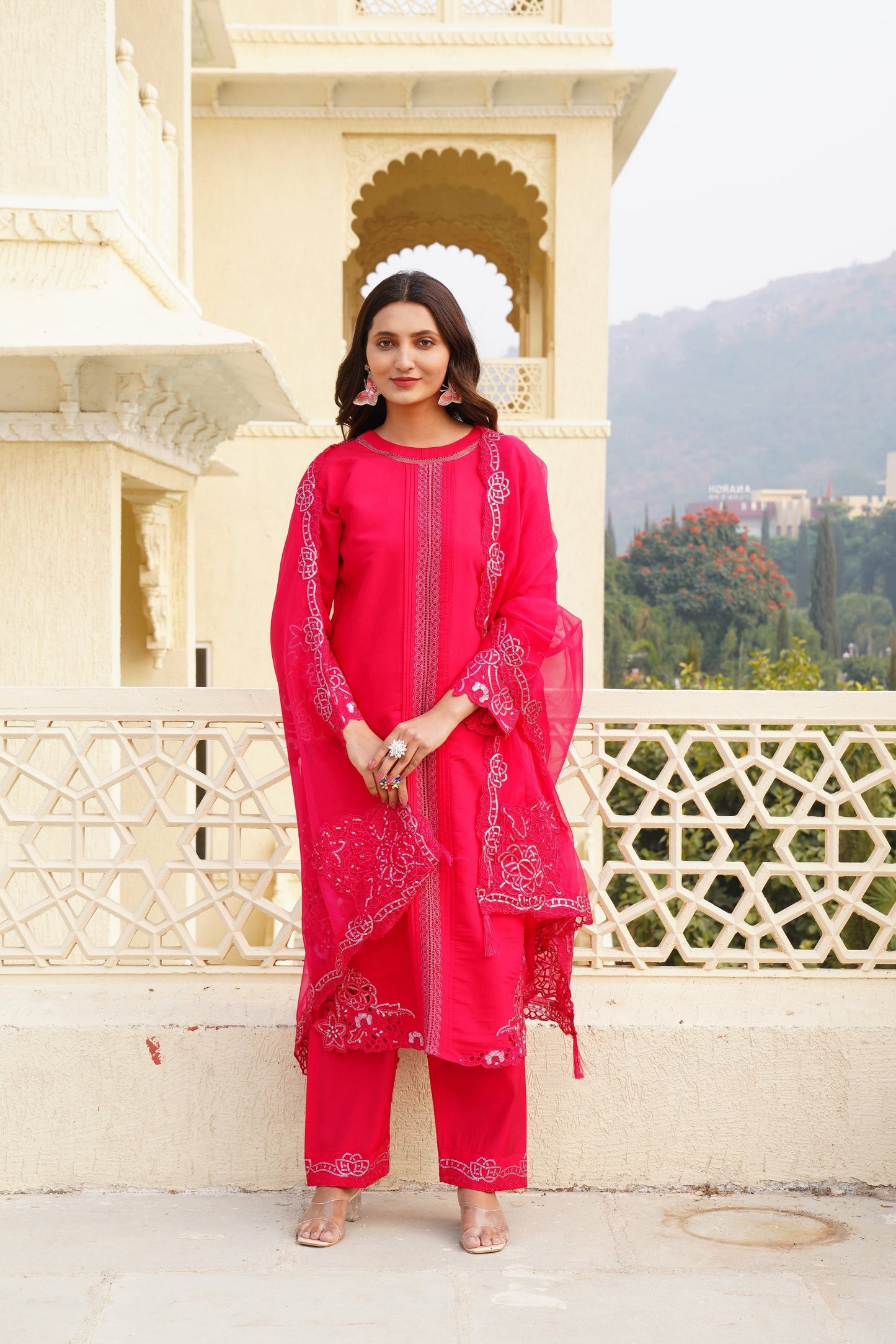 Deep Rose Ragga Roman Silk Slub Khatli Cut work Suit Set with Organza Dupatta