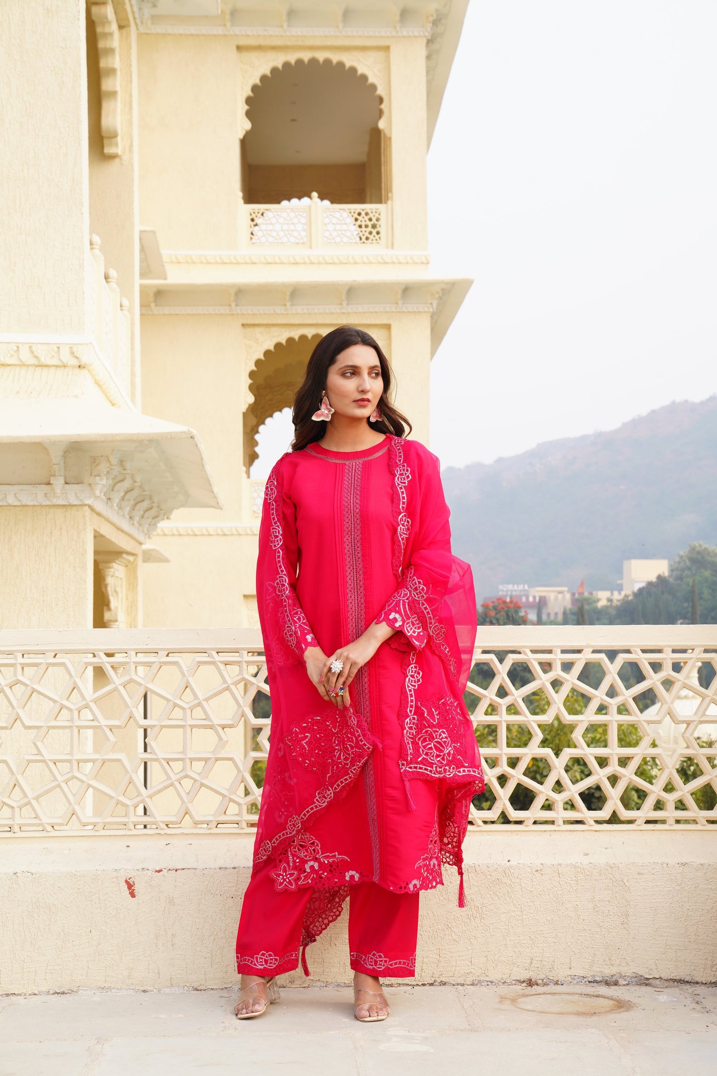 Deep Rose Ragga Roman Silk Slub Khatli Cut work Suit Set with Organza Dupatta