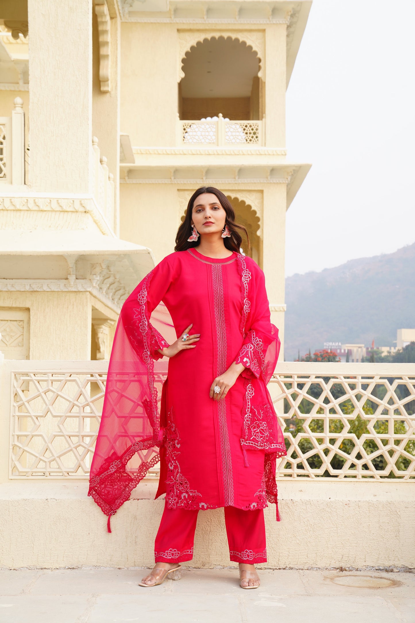 Deep Rose Ragga Roman Silk Slub Khatli Cut work Suit Set with Organza Dupatta