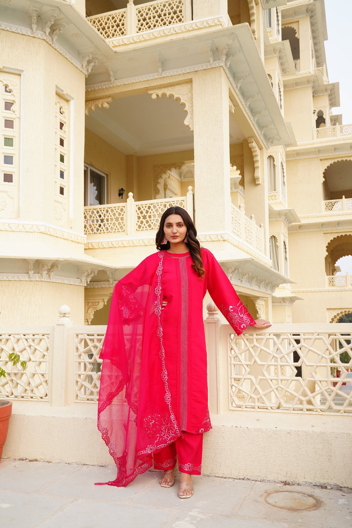 Deep Rose Ragga Roman Silk Slub Khatli Cut work Suit Set with Organza Dupatta