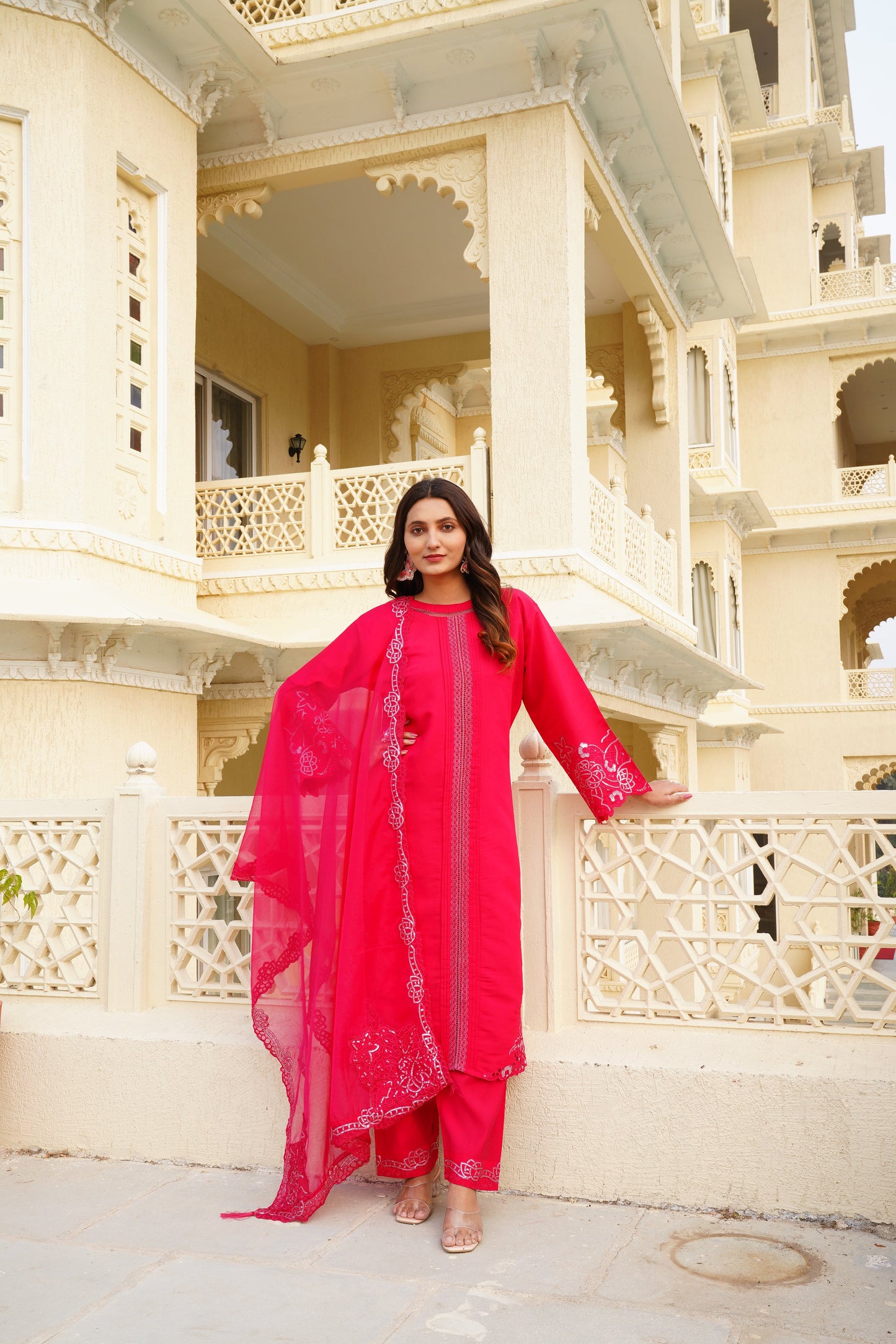 Deep Rose Ragga Roman Silk Slub Khatli Cut work Suit Set with Organza Dupatta