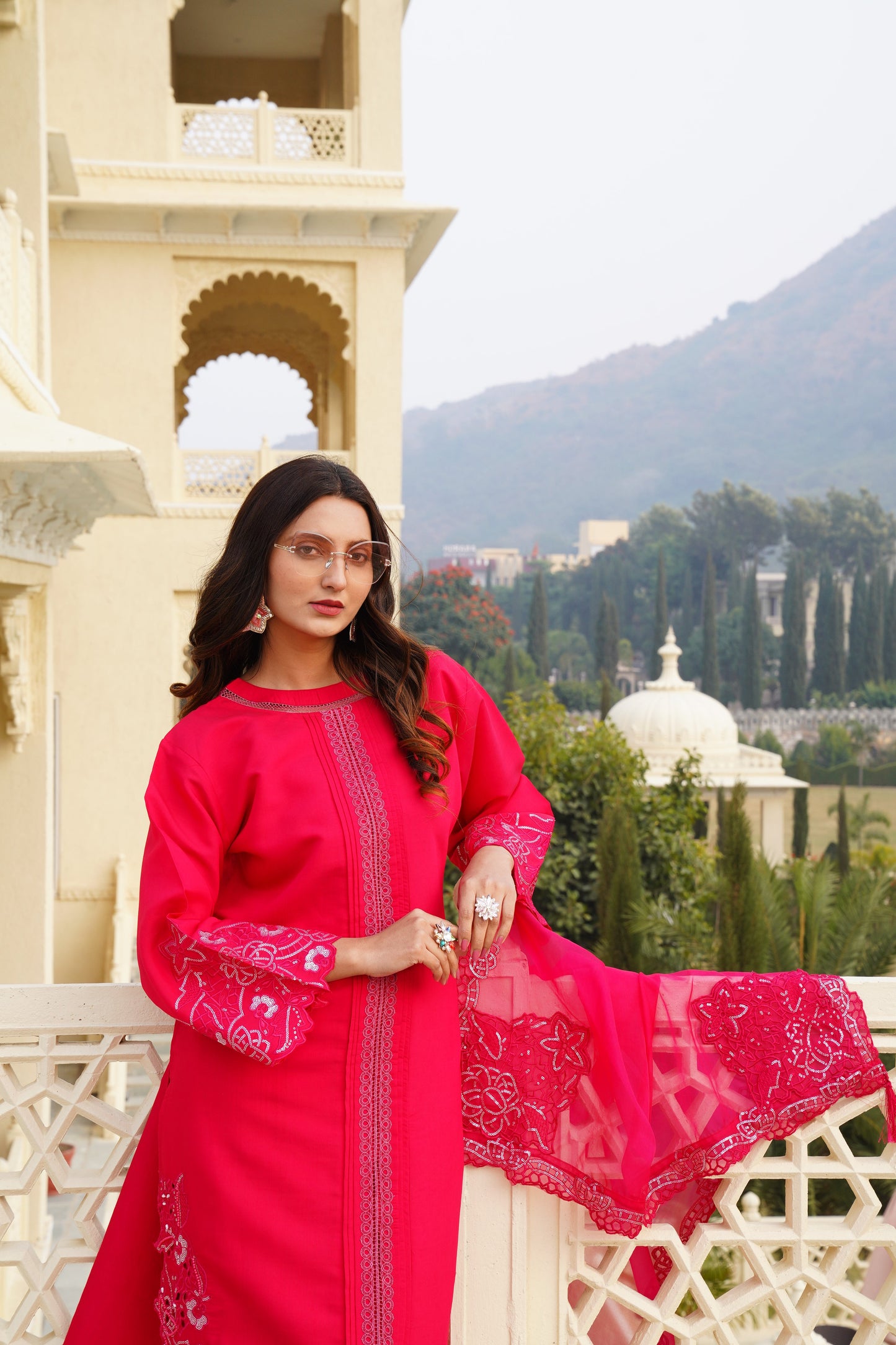 Deep Rose Ragga Roman Silk Slub Khatli Cut work Suit Set with Organza Dupatta