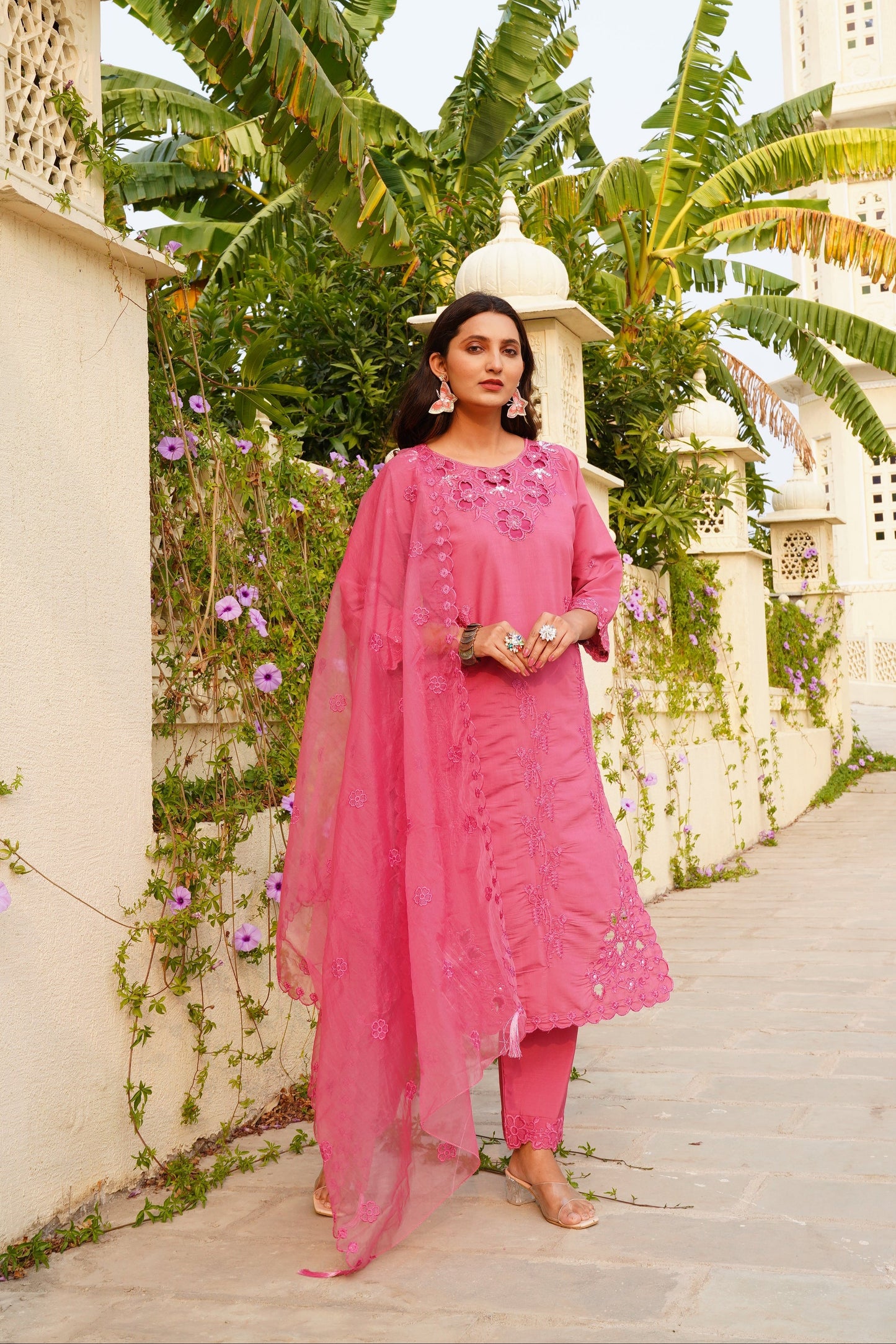 Thulian Pink Khatli Cut Work Ragga Roman Silk Suit Set with Organza Dupatta