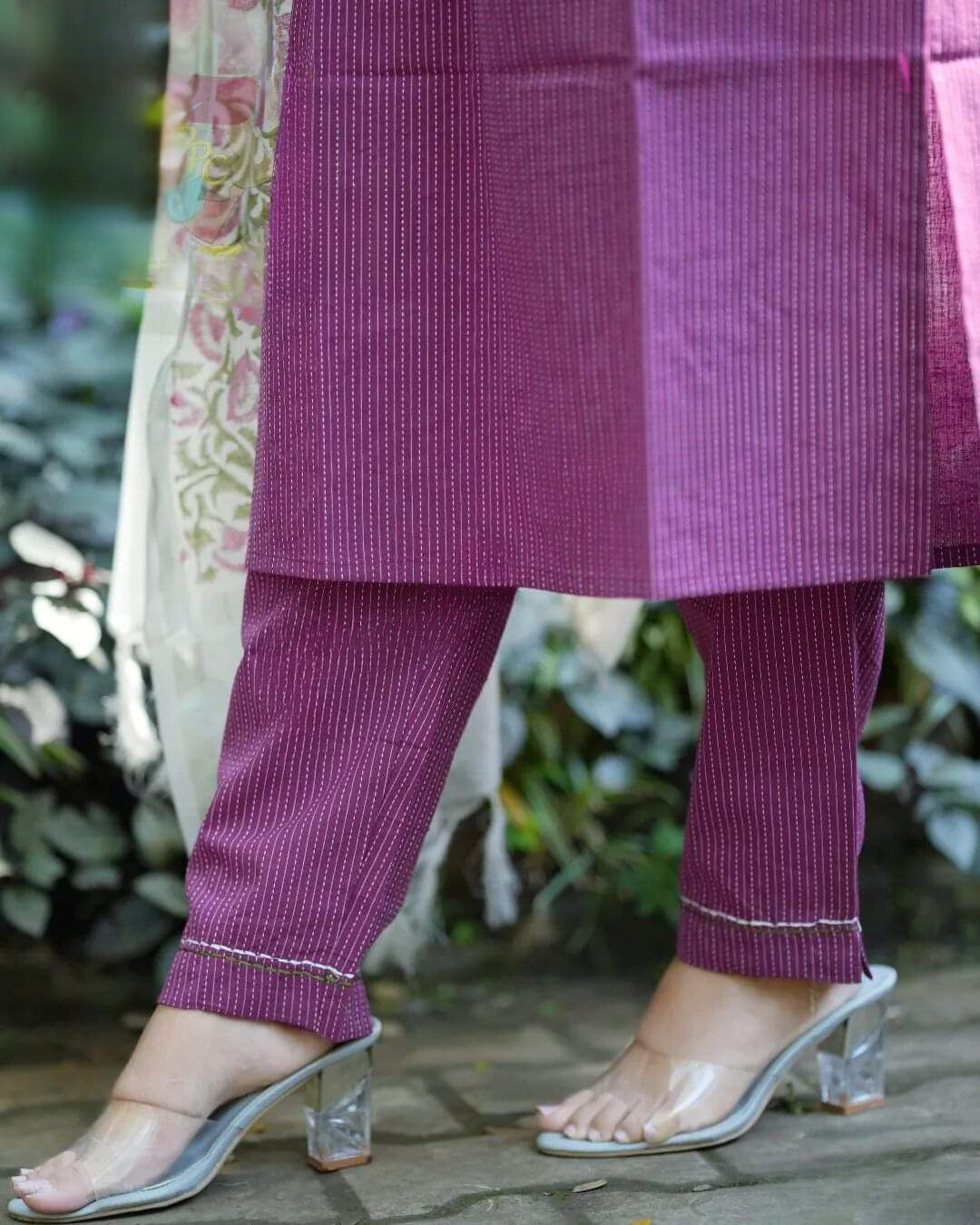 Purple Embroidered Katha Cotton Suit Set with Kota Dori Dupatta