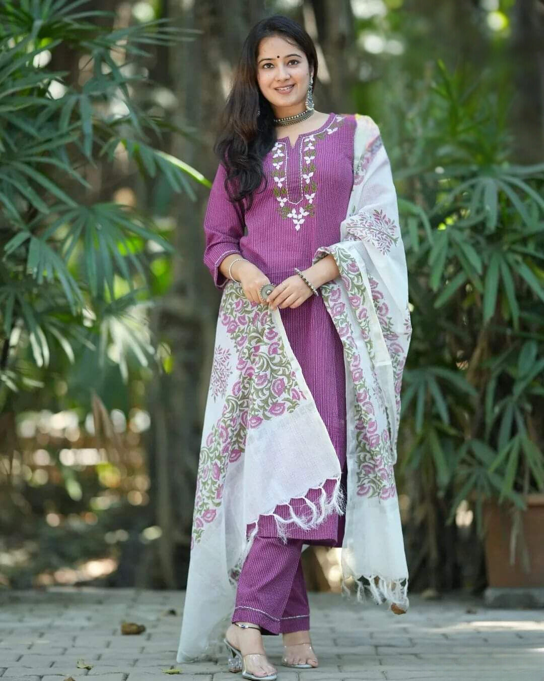 Purple Embroidered Katha Cotton Suit Set with Kota Dori Dupatta