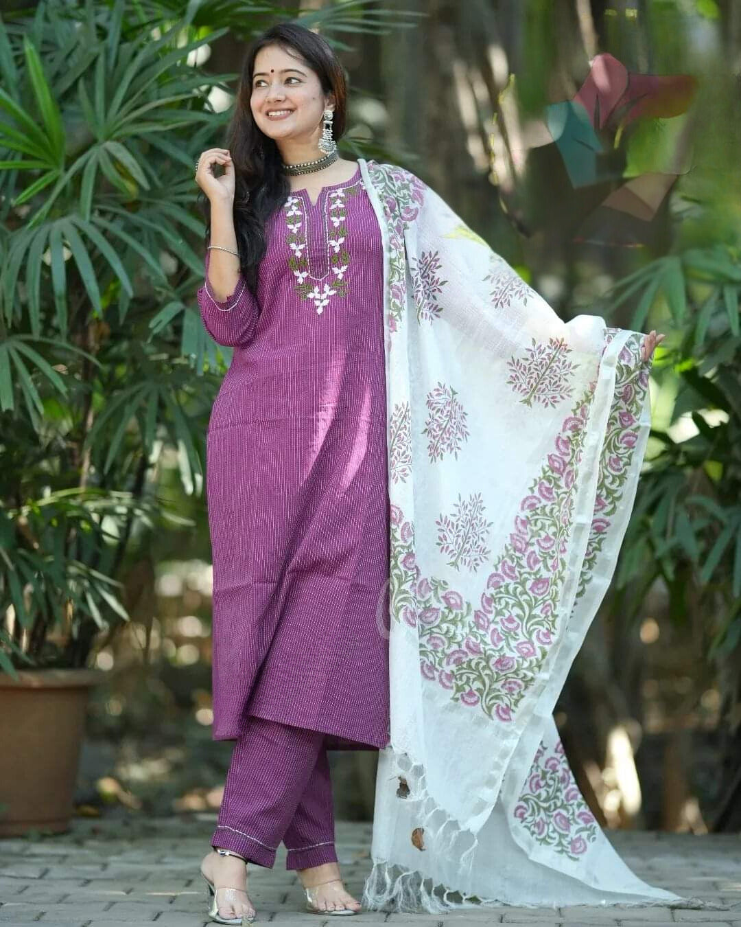 Purple Embroidered Katha Cotton Suit Set with Kota Dori Dupatta