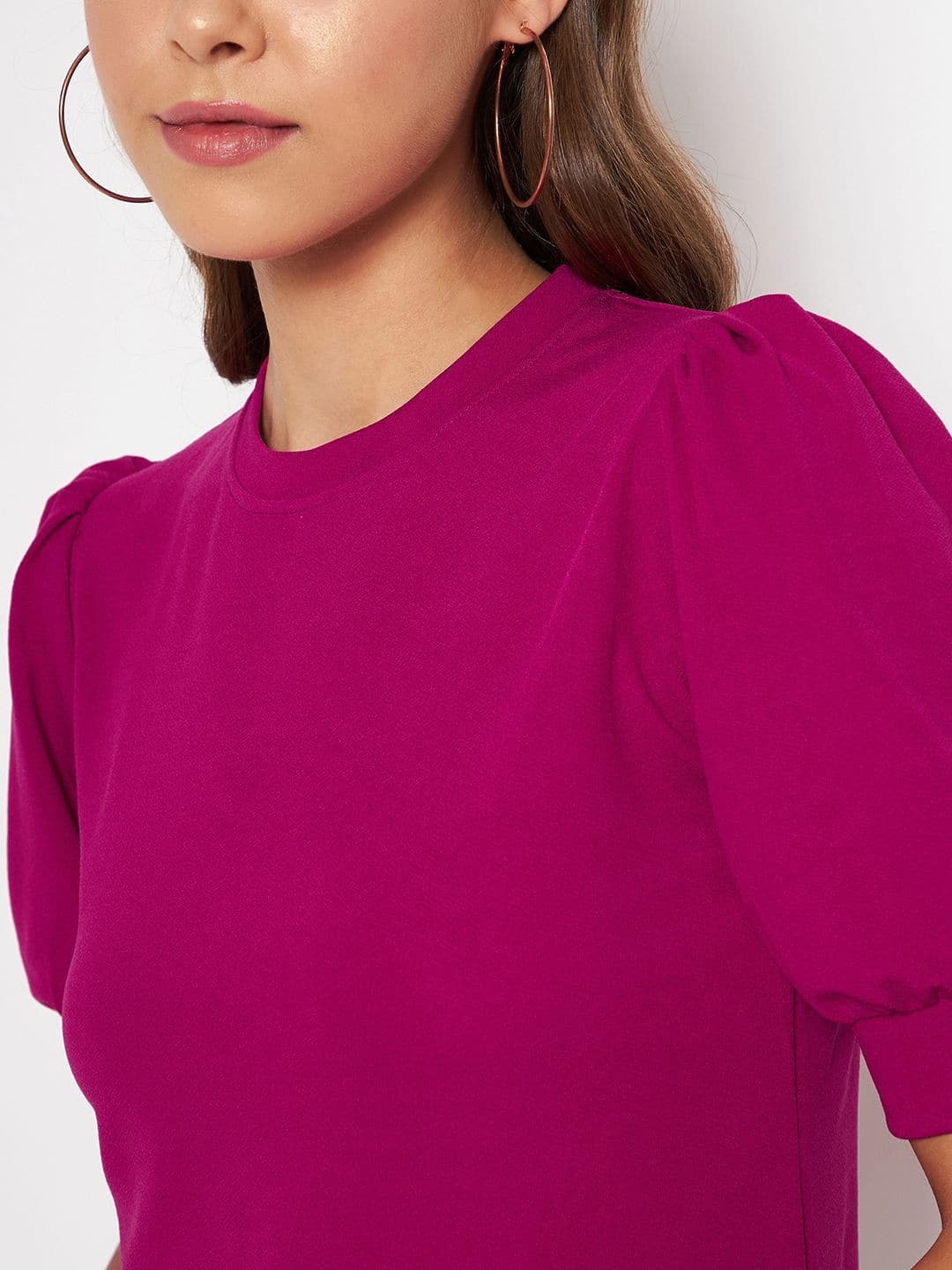 Cotton Solid Stretchable High Neck Puff Sleeve Top